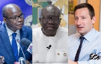 L-R: BoG governor Ernest Addison, Finance Minister Ken Ofori-Atta and IMF's Stephane Roudet
