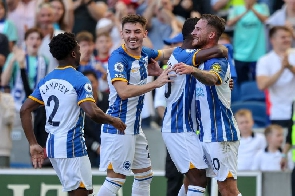 Tariq Lamptey joins his teammates to celebrate a goal