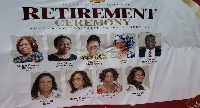 A banner with portraits of all nine retirees