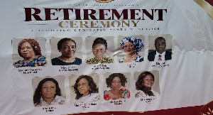 A banner with portraits of all nine retirees