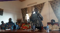 National Organizer of the NDC, Kofi Adams addressing a gathering at Nsuta-Buem in the Volta Region