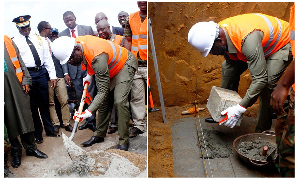 Weah laying the foundation for the construction of Liberia's first Military Hospital