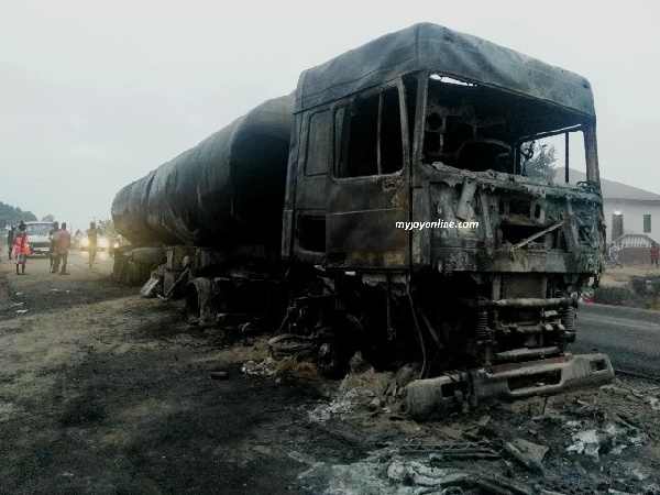 The tanker caught fire after colliding with an articulated truck Friday evening