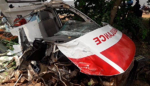 The wreck of the ambulance at the scene of the incident