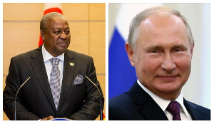 Image collage of President-Elect John Dramani Mahama and Russian President Vladmir Putin