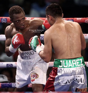 Dogboe's super punch that sent Juarez to the canvas. Photos by Images Image