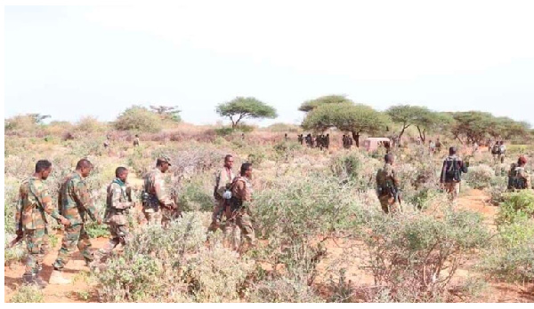 Somalian Army members patrol during an operation