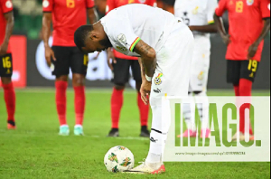 Jordan Ayew preparing to take a penalty against Mozambique at 2023 AFCON