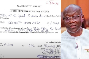 The document shows the Supreme Court issued an arrest warrant for Ken Ofori-Atta