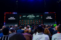 A banner is seen during an announcement by Formula 1 in Kigali, Rwanda