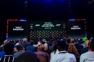 A banner is seen during an announcement by Formula 1 in Kigali, Rwanda