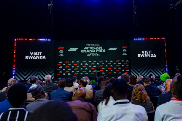 A banner is seen during an announcement by Formula 1 in Kigali, Rwanda