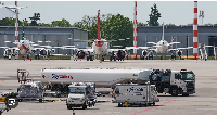 Jet fuel is transported by tank trucks to aircrafts at the airport in Duesseldorf, Germany
