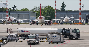 Jet fuel is transported by tank trucks to aircrafts at the airport in Duesseldorf, Germany
