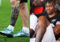 Messi's tattoo on his left leg(L) and Christian Atsu(R)