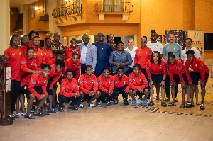 Black Queens group picture with GFA prez Kurt Okraku and Sports Minister Mutapha Ussi