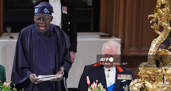 Nigerian President Bola Tinubu, and King Charles during a State Banquet in in St George's Hall