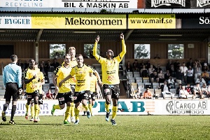 Prosper Kasim [R] celebrating after scoring the goal