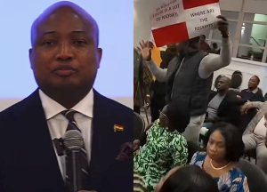 Okudzeto Ablakwa (L) had a surprised look on his face when the protesters ambushed him at the event Okudzeto Ablakwa (L) had a surprised look on his face when the protesters ambushed him at the event