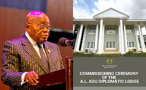 Former President Nana Akufo-Addo (L) during the commissioning the Adu Lodge (R) in December 2024