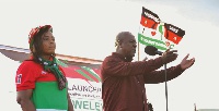 President Mahama addressing a rally at Dodowa with the Parliamentary candidate, Linda Akweley Ocloo