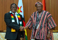President Emmerson Mnangagwa being welcomed by President John Dramani Mahama