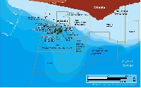 Map showing locations of Deepwater Tano Block, West Cape Three Points Block