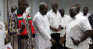 Ex-President Mahama in a handshake with Anyidoho, Deputy Gen. Sec for NDC