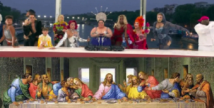 The Last Supper biblical parody scene (Up) and Leonardo da Vinci’s painting (Down)