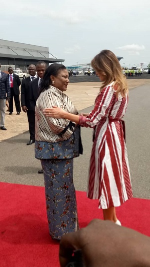 Mrs. Rebecca Akufo-Addo interacting with Mrs. Melania Trump at the airport