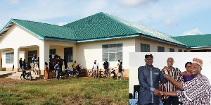The new building. INSET: GES Director handing over keys to headmaster of Fumbisi SHS