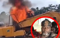 Osaberima Atta Appeakrong Agyei II, circled in red and one of the burning excavators