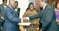 The Ethiopian Ambassador Regessa Kefeale, presenting his letter of credence to President Akufo-Addo