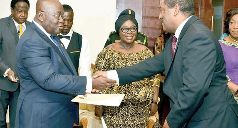 The Ethiopian Ambassador Regessa Kefeale, presenting his letter of credence to President Akufo-Addo