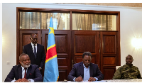 Joseph Kabila,(C), former prez of DRC, during announcement of creation Front for the Refoundation