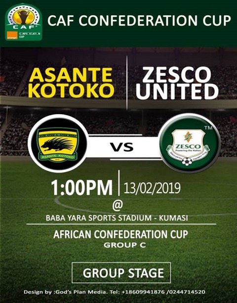 Asante Kotoko will be playing Zesco United at Baba Yara Sports Stadium