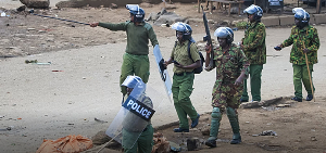 Anti-riot police officers are seen on the second day of the public transport strike over fuel prices