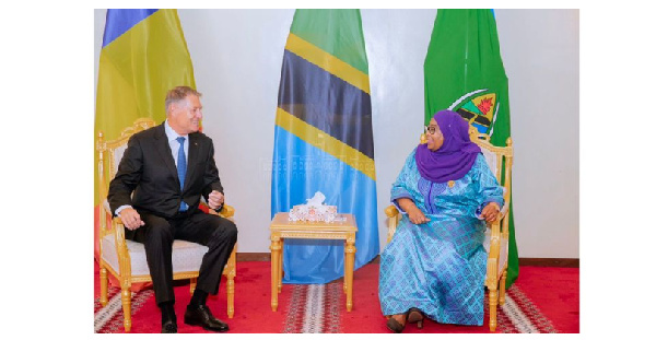 President Samia Suluhu Hassan, in talks with her guest, the President of Romania, Klaus Iohannis,