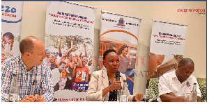 The Executive Director of Uwezo Uganda, Dr Gorreti Nakabugo (M), briefs journalists