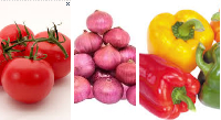 A collage of tomatoes, onions and pepper