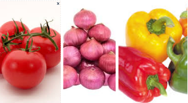 A collage of tomatoes, onions and pepper