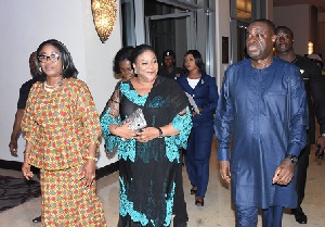 Mrs Rebecca Akufo Addo(M), Mr Mohammed Awal and Mrs Cyntyia Morrison arriving at the event