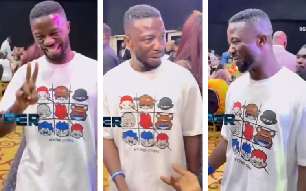 Actor Kwaku Manu wore a white T-shirt paired with red pants to the event