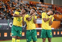 South African players celebrating their goal against Ivory Coast