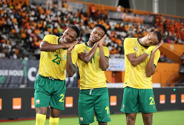 South African players celebrating their goal against Ivory Coast