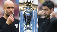 L-R Man City coach Pep Guardiola, EPL trophy, and Arsenal coach Mikel Arteta
