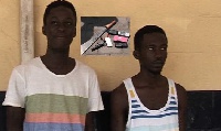 The two suspected armed robbers. [inset] The weapons and items retrieved from them
