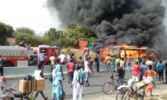 The scene of the burning Metro Mass Transit Bus