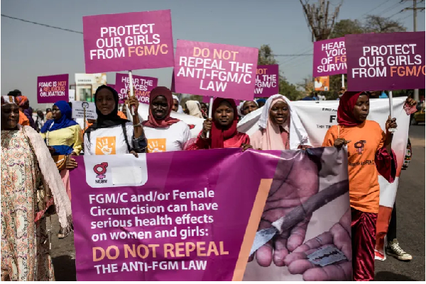 Anti-FGM protesters hold placards outside the National Assembly in Banju