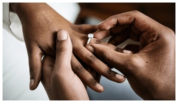 File photo of a groom putting a ring on his bride's finger